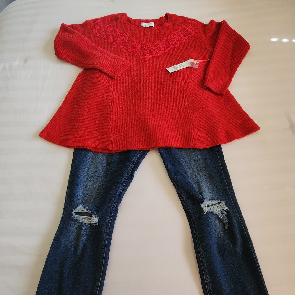 Elle Lace Yoke Red Sweater. Small. NWT